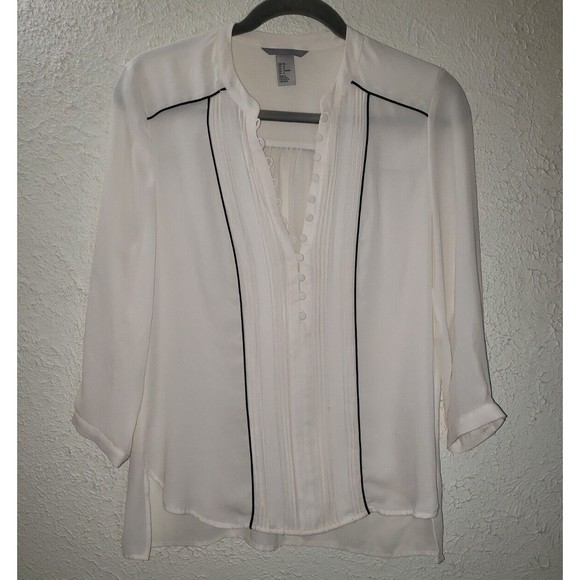 H&M White Button Up Blouse Sz 8 Chiffon Sheer 3/4 Sleeve Classic Style Top Shirt - Picture 1 of 9